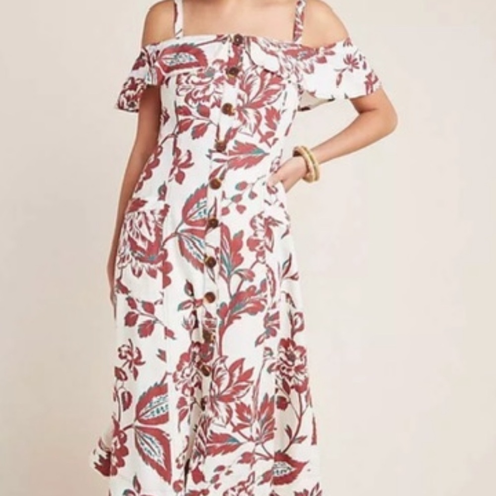 Anthro Floral Off-Shoulder Dress in Red and White